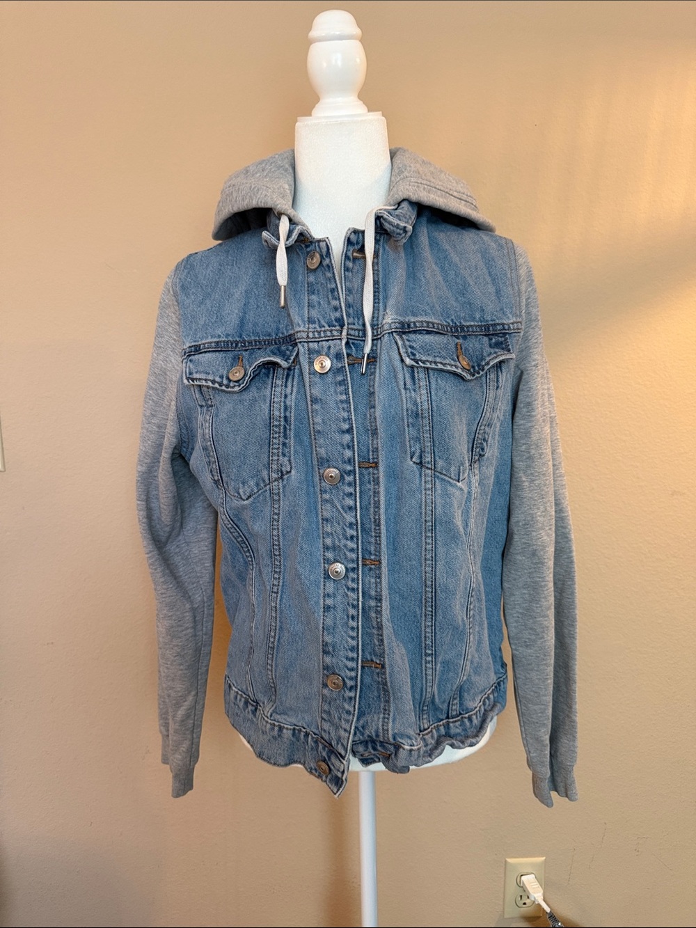 H&M Blue Denim Jacket with Gray Knit Hood & Sleeves